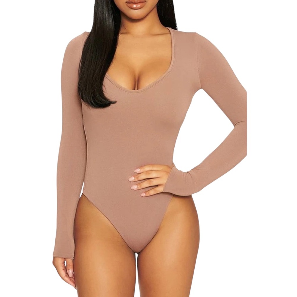 NAKED WARDROBE The NW Deep-V Long Sleeve Bodysuit in Coco